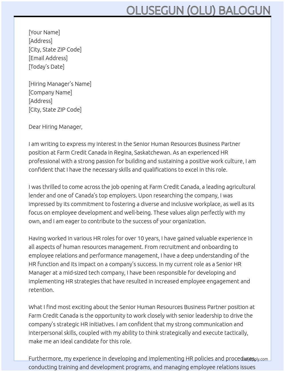 Senior Human Resources Business Partner At Farm Credit Canada Cover Letter