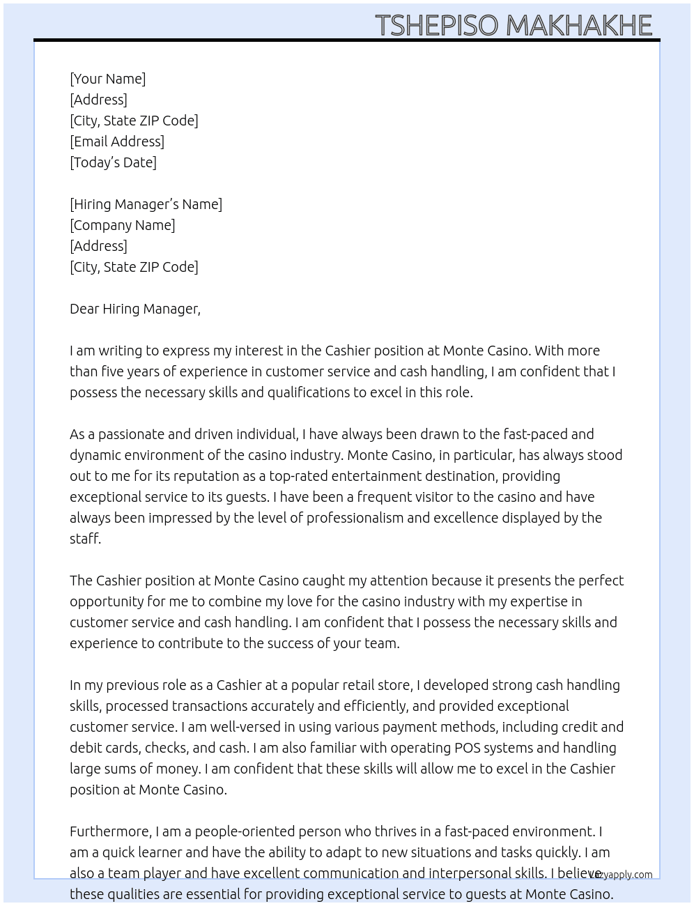 Cashier  At Monte Casino  Cover Letter