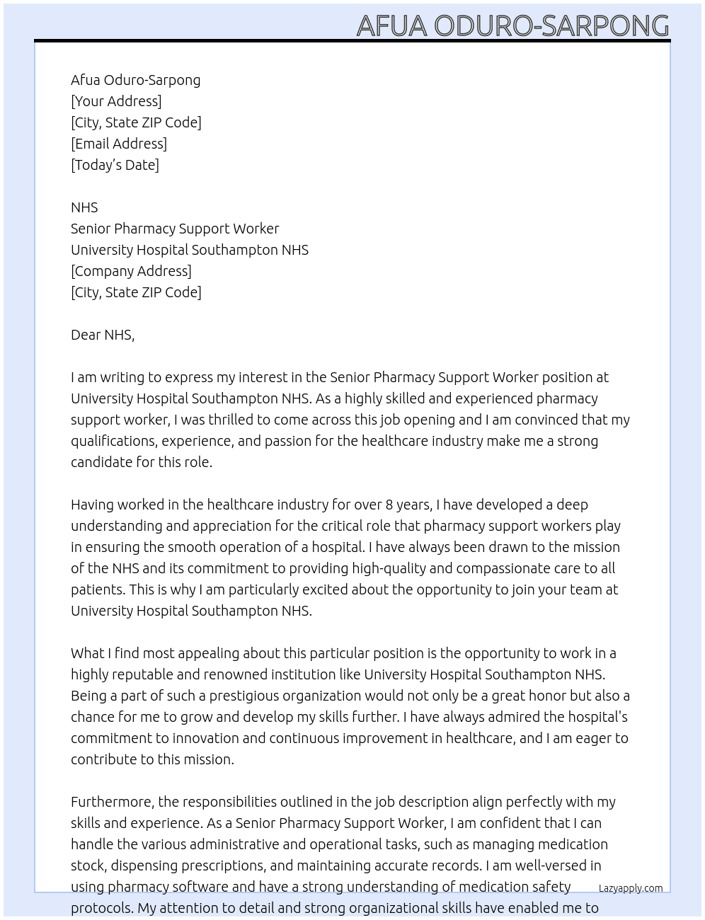 Senior Pharmacy support worker At University hospital Southampton NHS Cover Letter