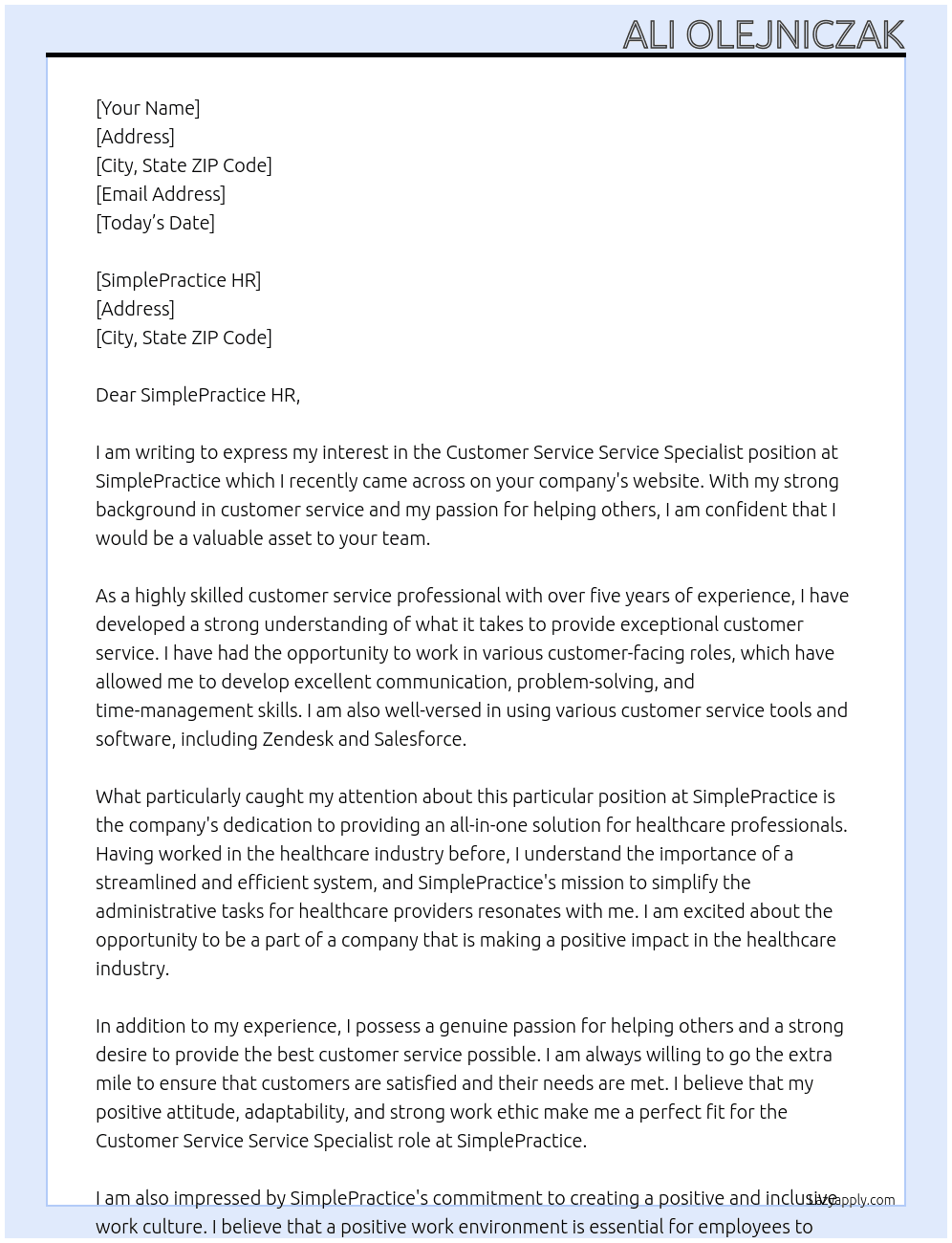 Customer Service service specialist At Simple Practice Cover Letter
