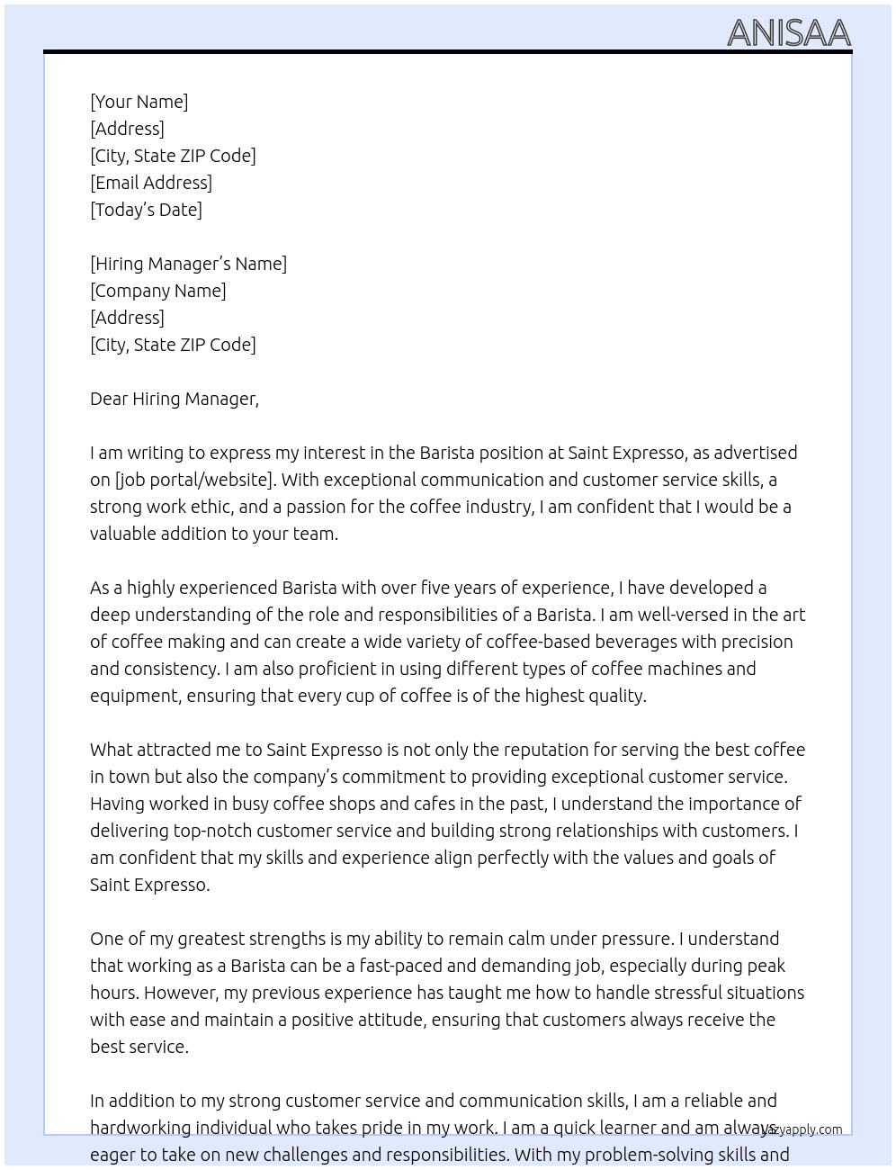 Barista  At Saint Expresso Cover Letter
