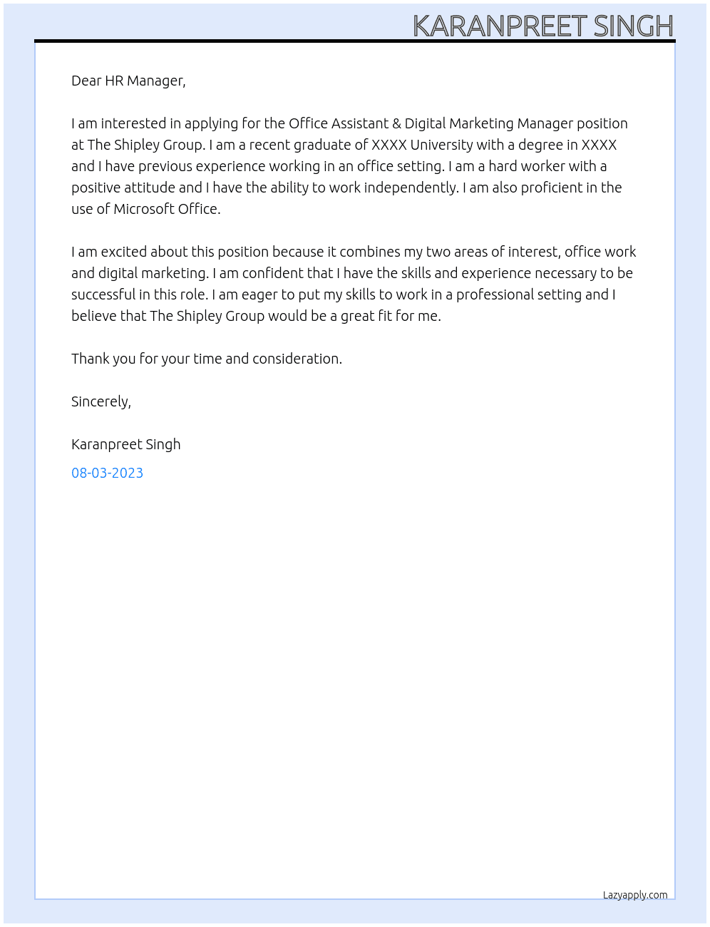 Office Assistant & Digital Marketing Manager At The Shipley Group Cover Letter
