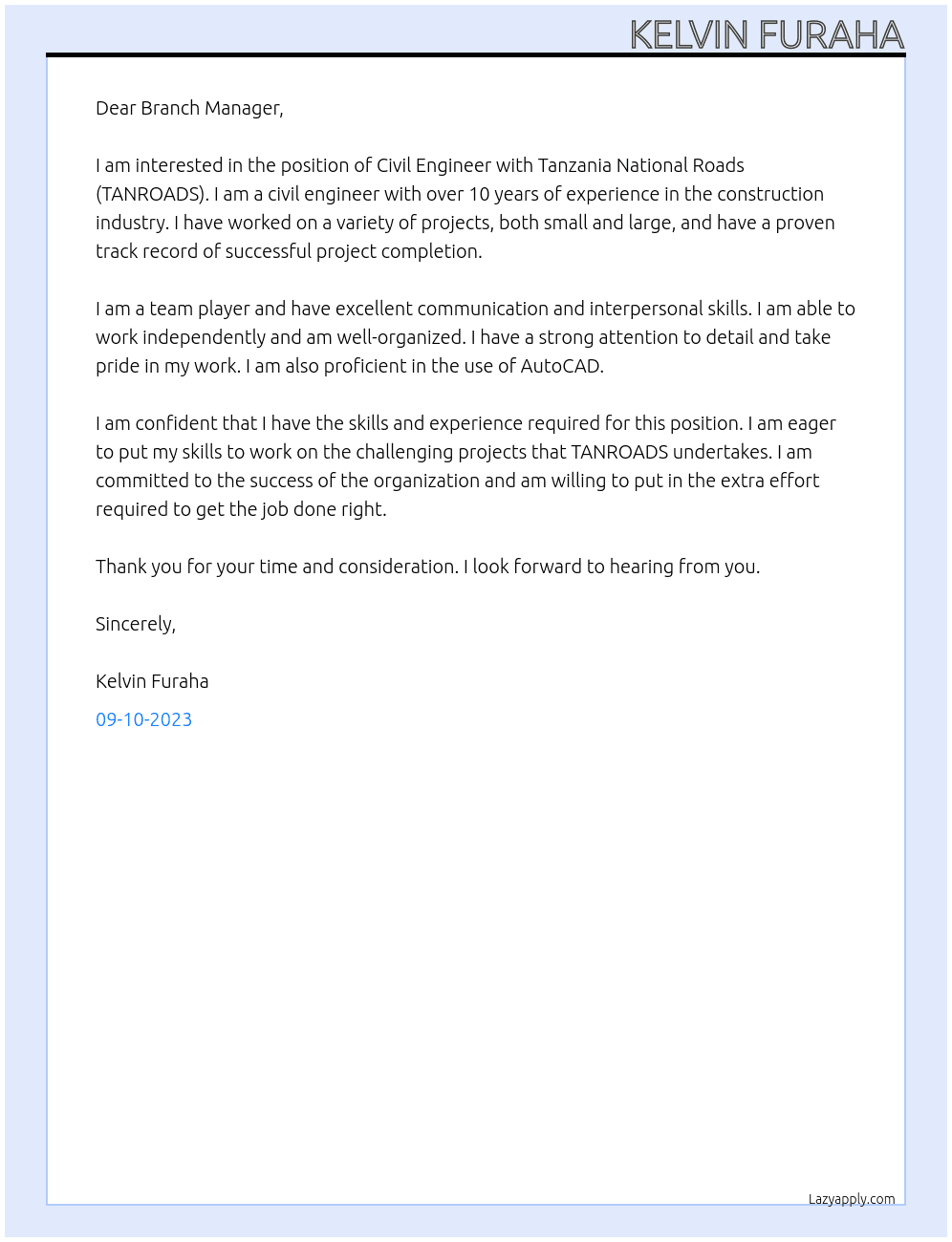 Civil Engineer At Tanzania National Roads TANROADS Cover Letter