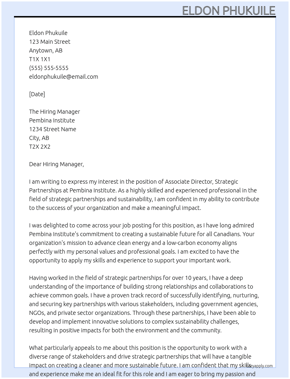 Associate Director, Strategic Partnerships At Pembina Institute Cover Letter