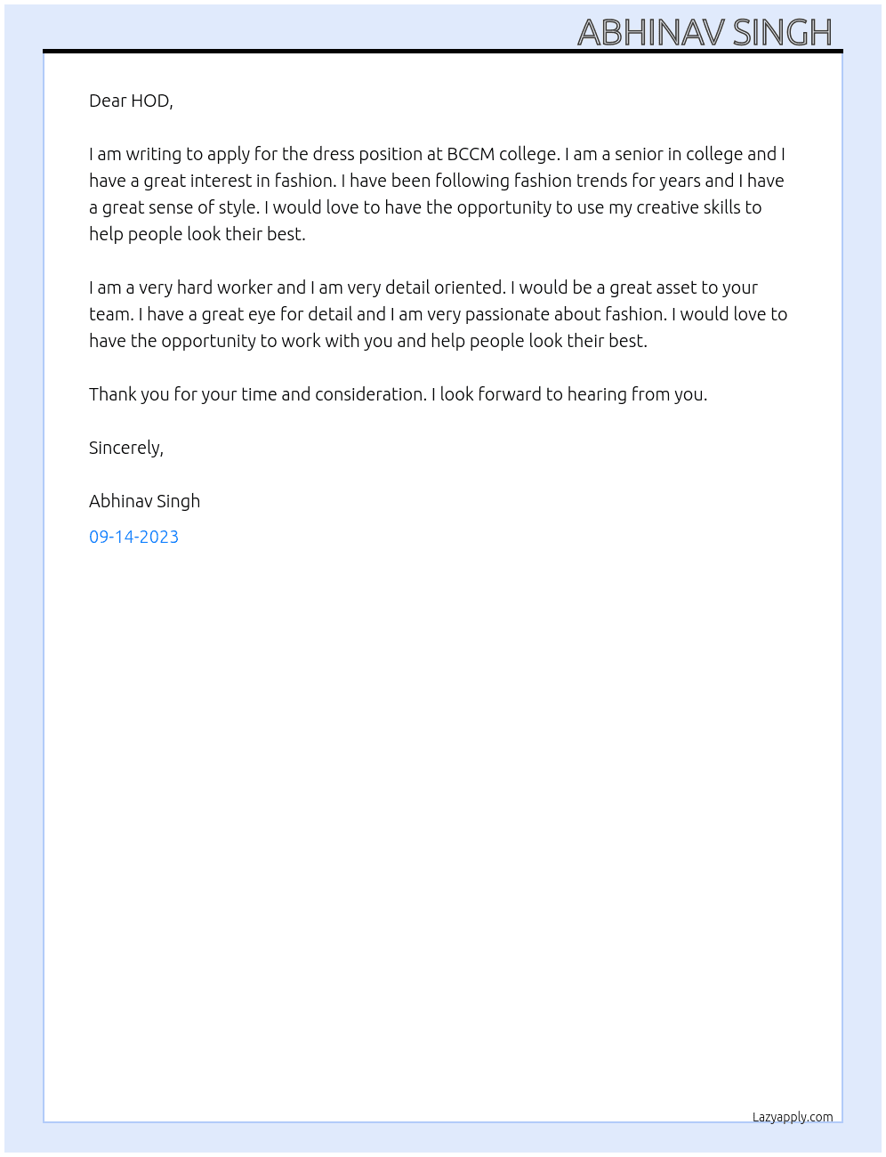 For dress  At BCCM college  Cover Letter