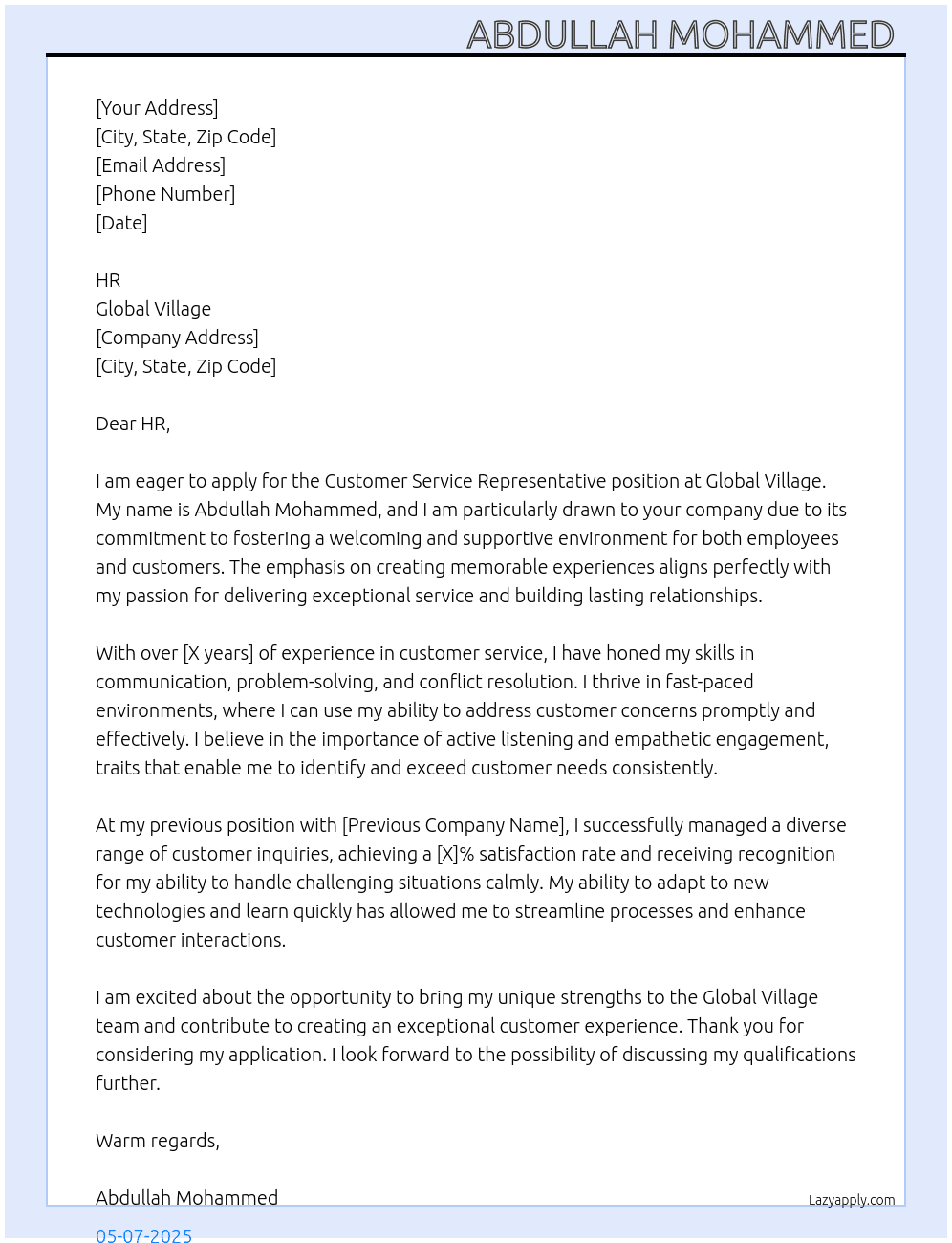 Customer service representative  At Global village  Cover Letter
