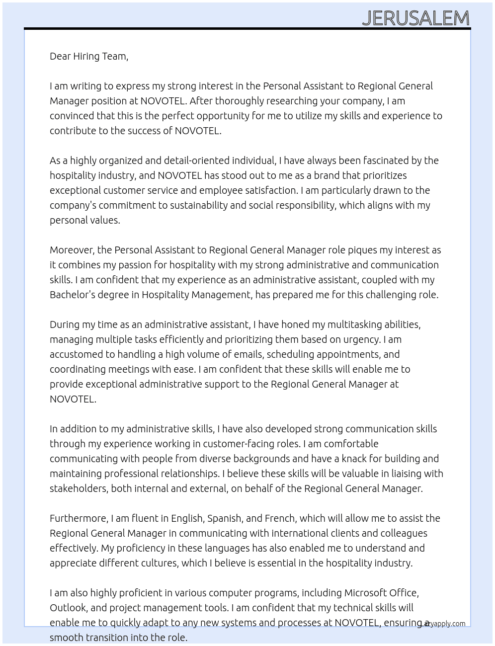 NOVOTEL  Personal Assistant to Regional General Manager At NOVOTEL   Cover Letter