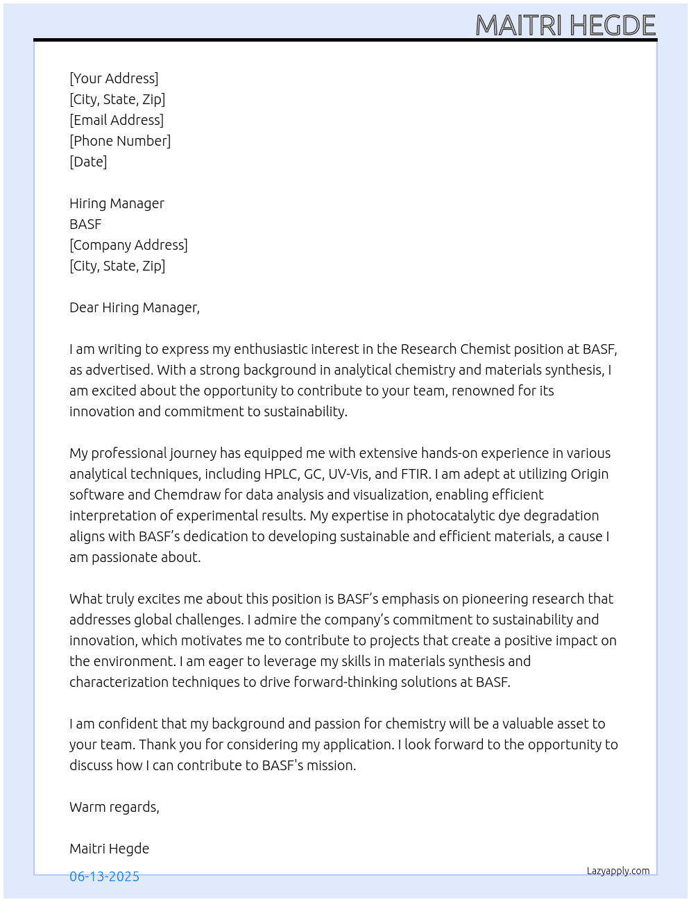 Cover letter for research chemist - LazyApply