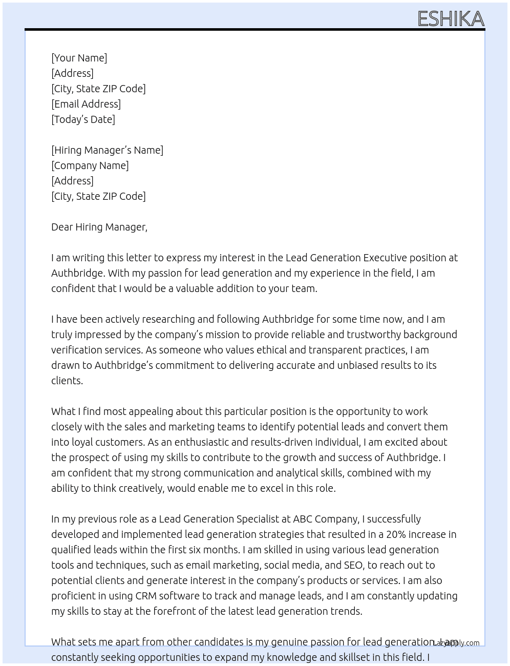 Lead Generation Executive  At Authbridge Cover Letter
