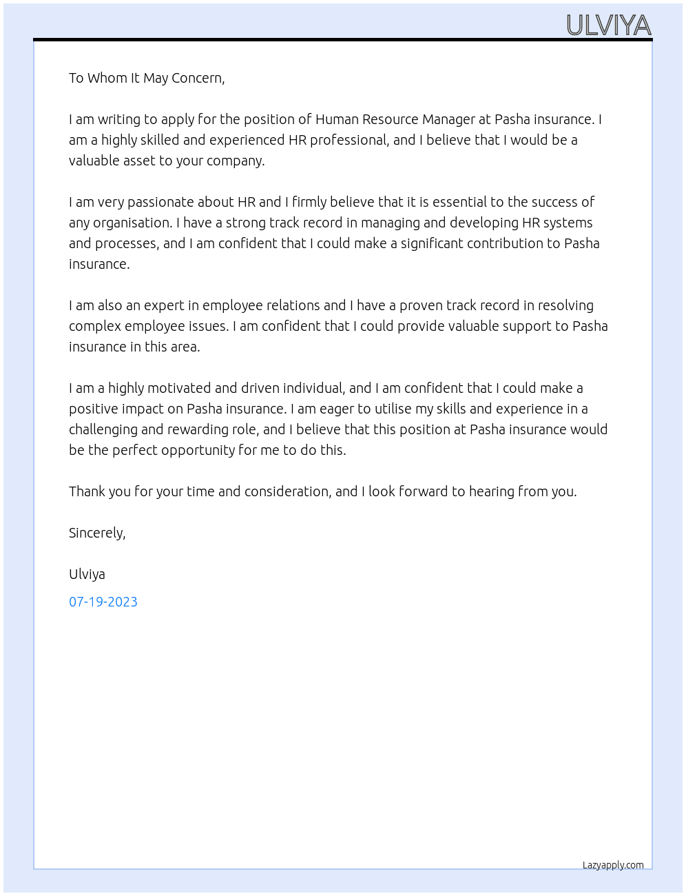 Human Resource Manager At Pasha insurance Cover Letter