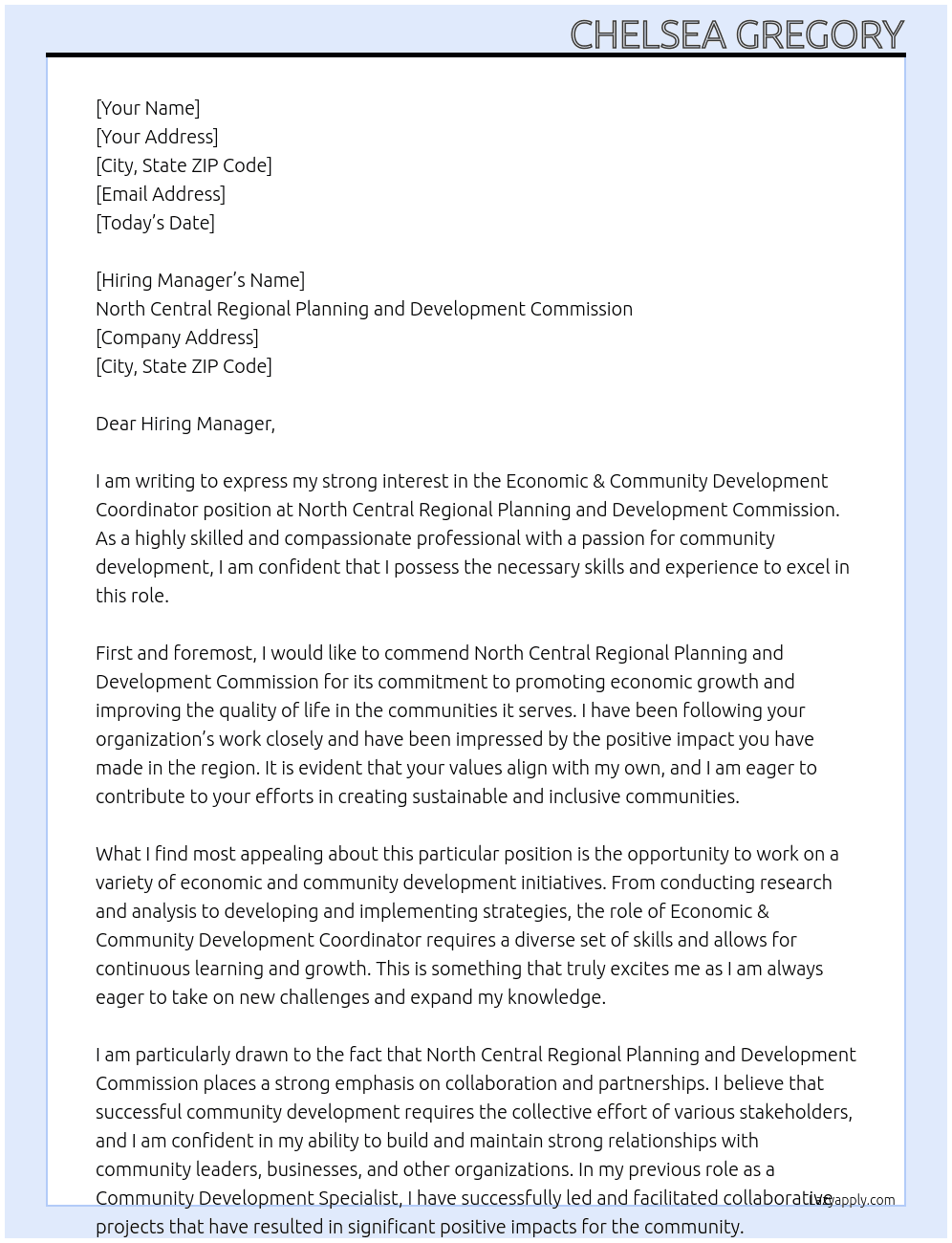 Economic & Community Development Coordinator At North Central Regional Planning and Development Commission Cover Letter