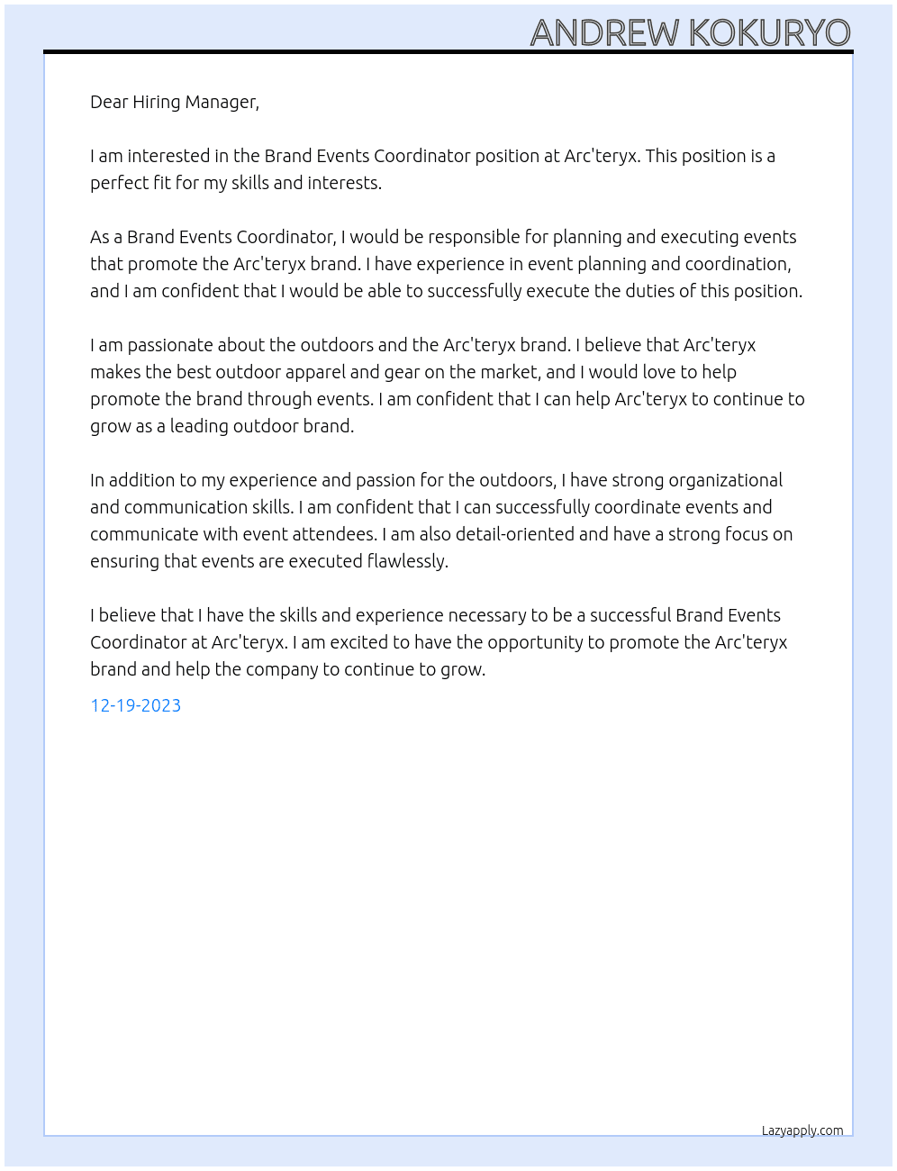 brand events coordinator At Arc'teryx Cover Letter