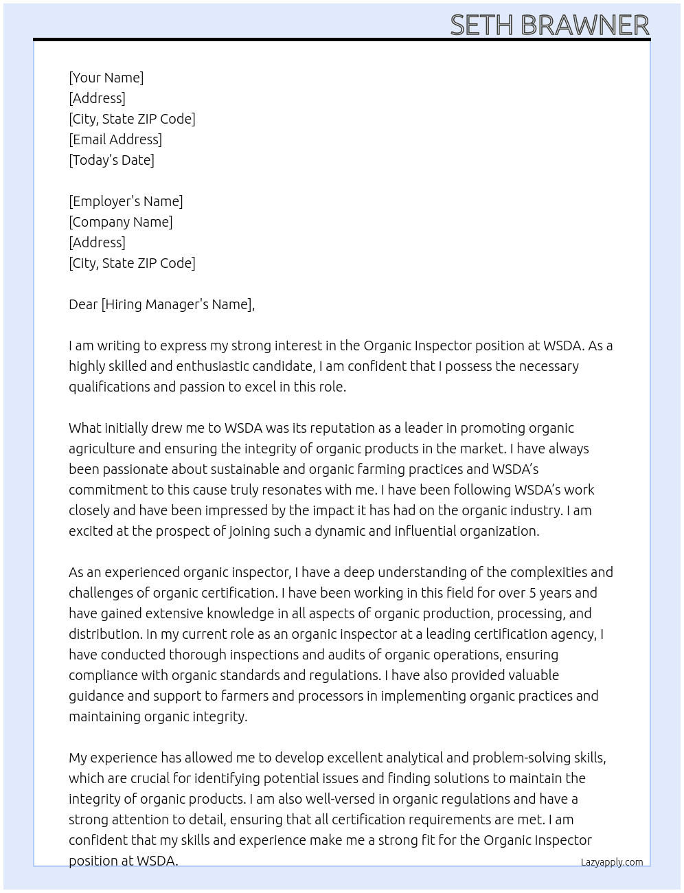 organic inspector At WSDA Cover Letter