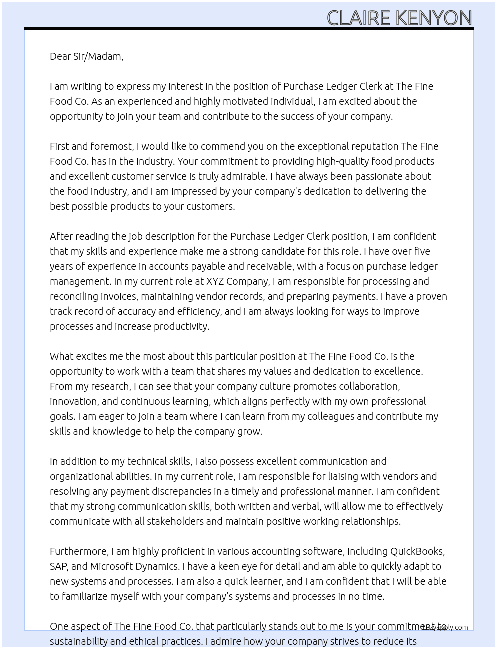 Purchase Ledger Clerk At The Fine Food Co.  Cover Letter
