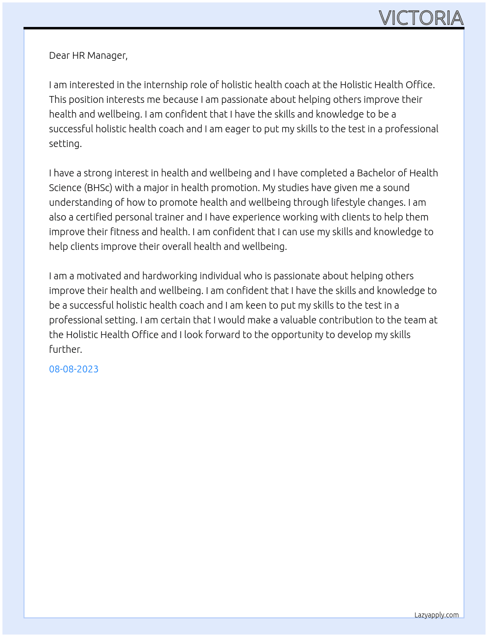 Holistic health coach At Holistic Health Office Cover Letter