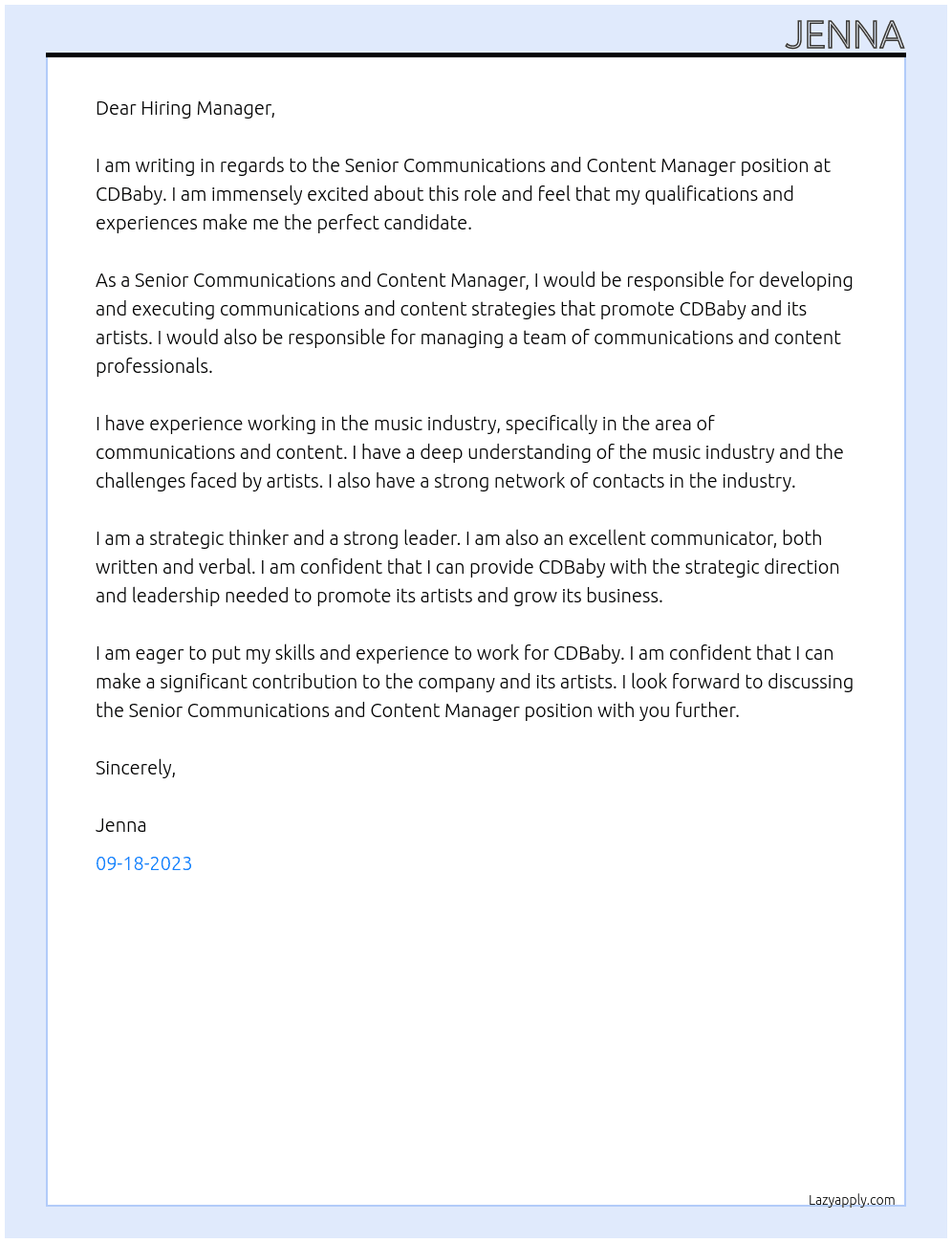 Senior Communications and Content Manager At CDBaby Cover Letter