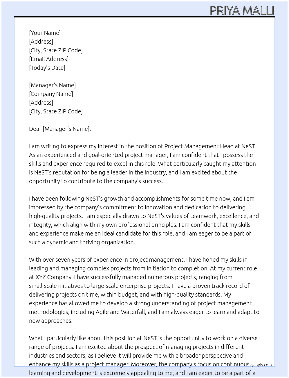 Project Management Head At NeST Cover Letter