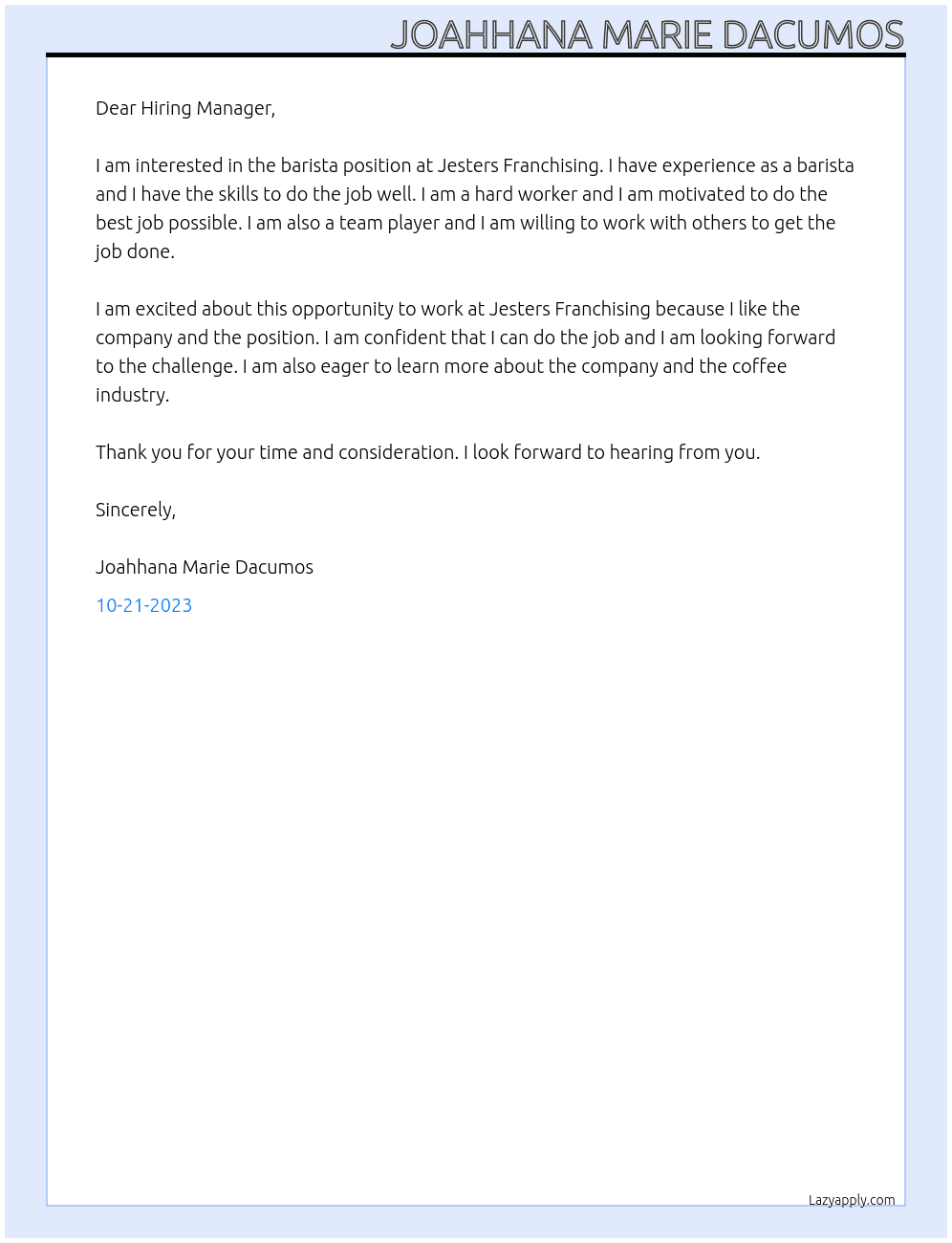 Barista At Jesters Franchising  Cover Letter