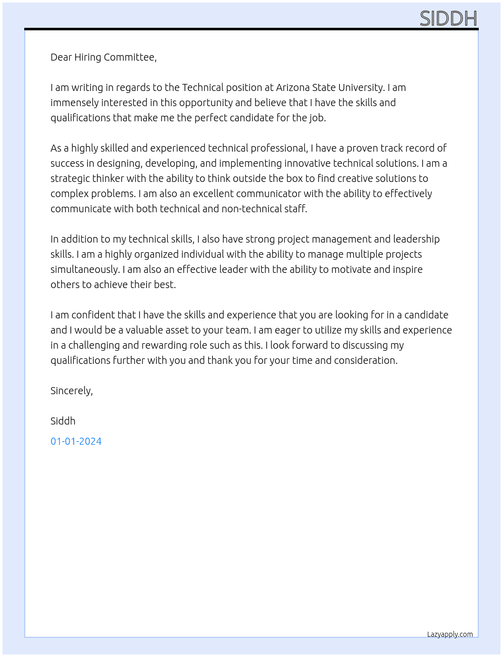 Technical At Arizona State University Cover Letter