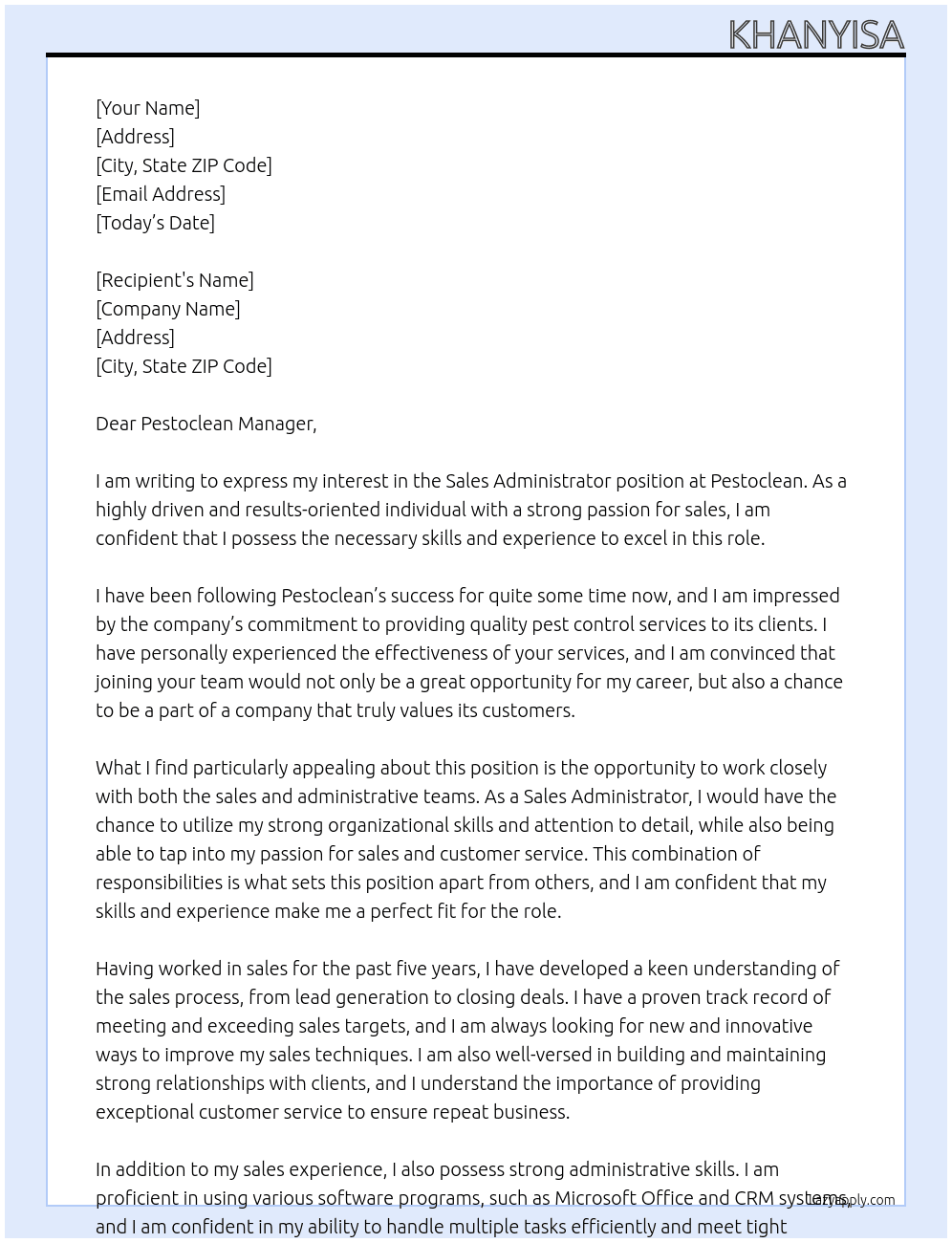 Sales Administrator At Pestoclean Cover Letter