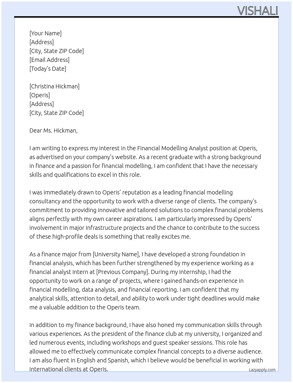 Cover letter for financial modelling analyst - LazyApply