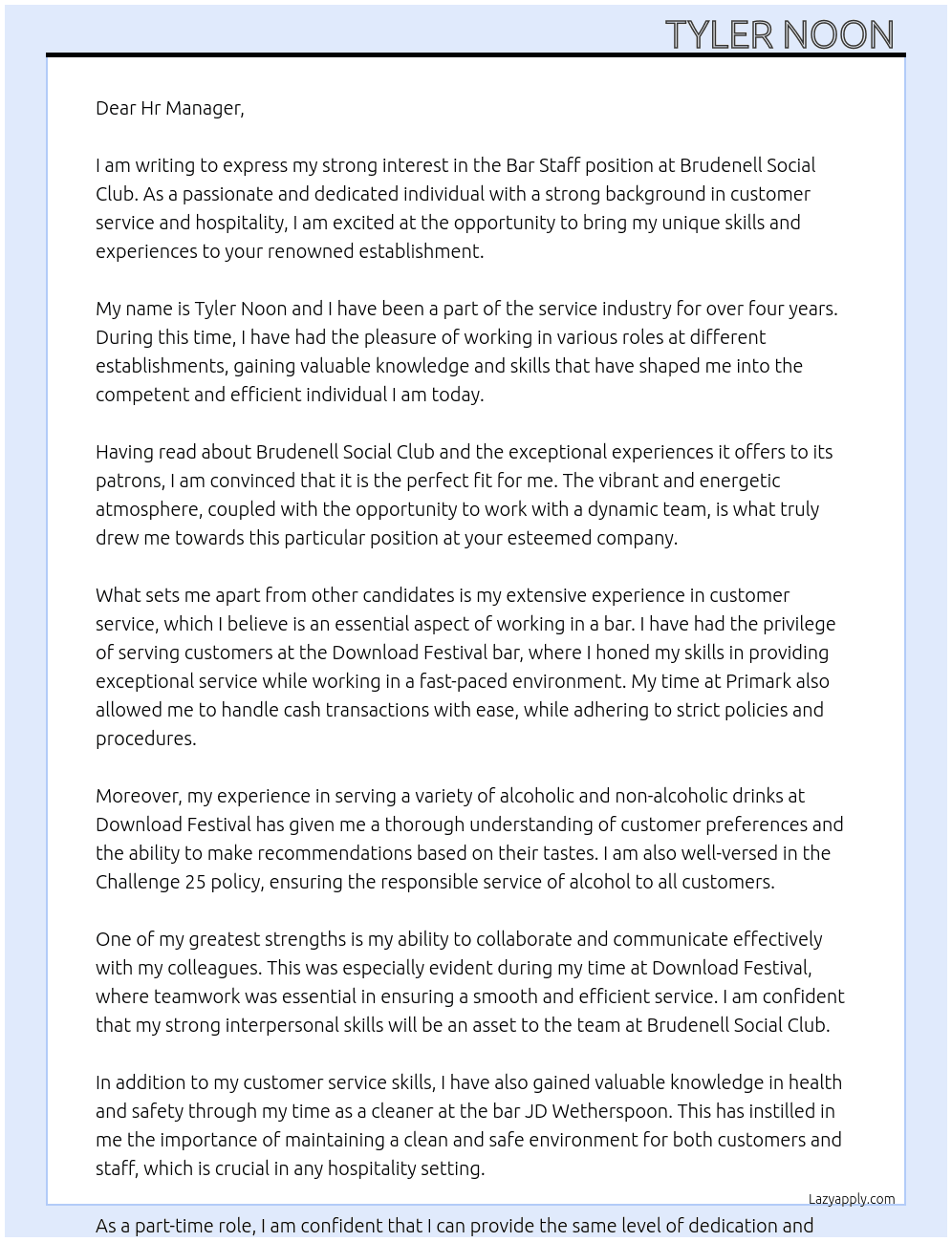 Bar Staff  At Brudenell Social Club Cover Letter