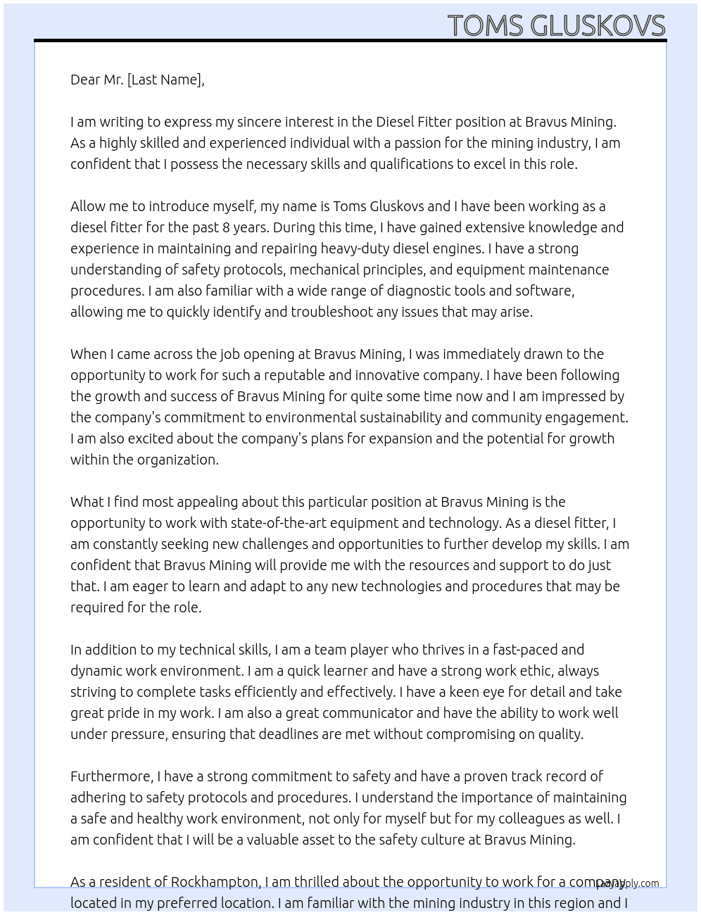Diesel fitter At Bravus Mining Cover Letter