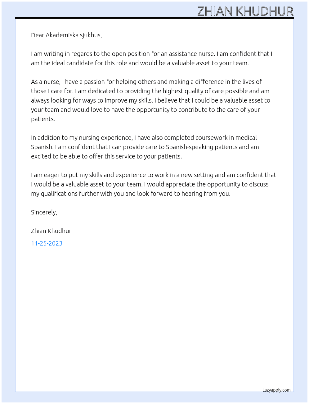 Assistance nurse At Akademiska sjukhus Cover Letter