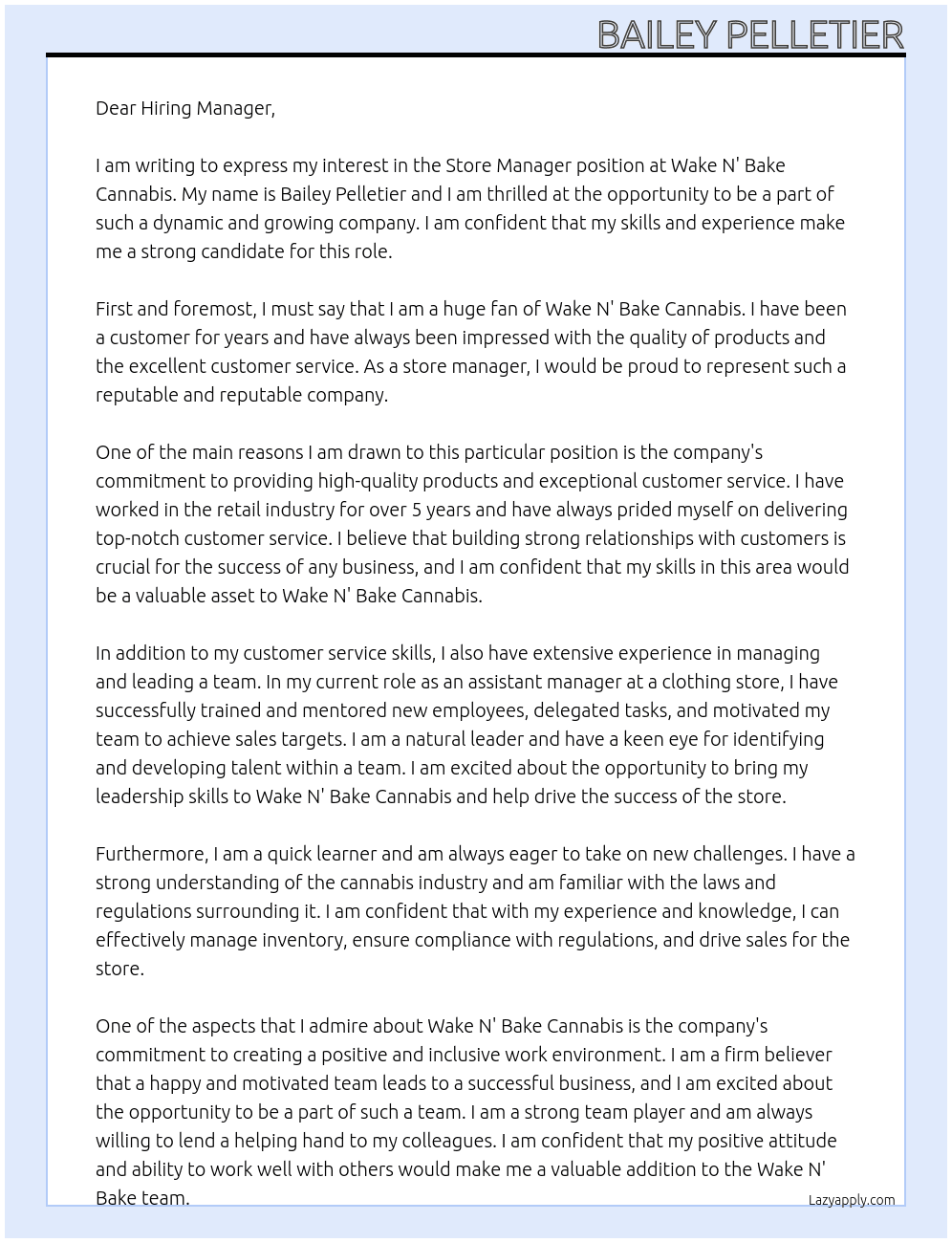 Store manager At Wake N' Bake Cannabis Cover Letter