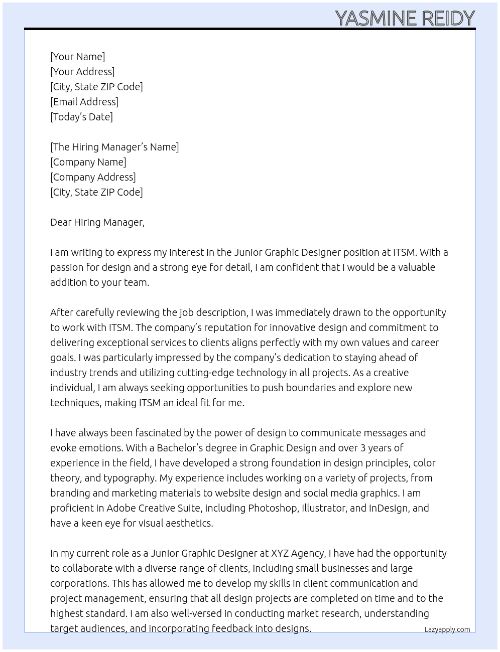 Junior Graphic Designer At ITSM Cover Letter