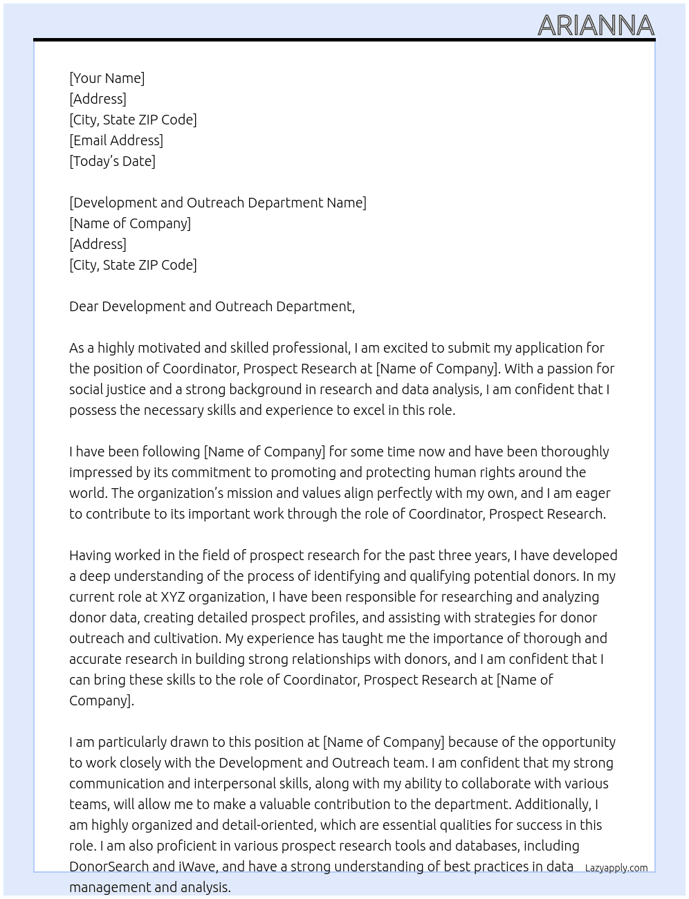 Coordinator, Prospect Research At HRW Cover Letter