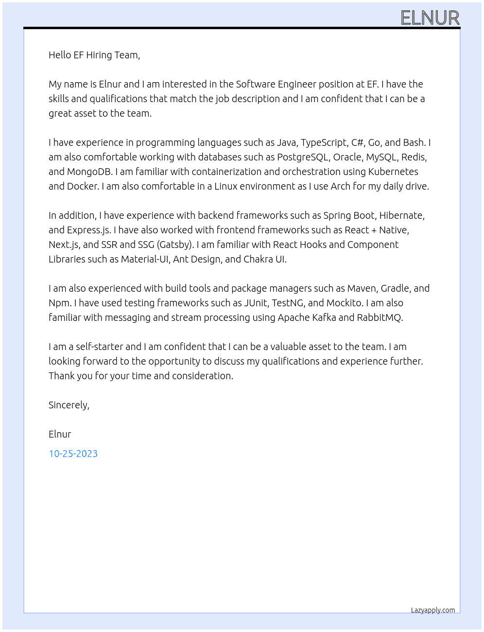 Software Engineer At EF Cover Letter