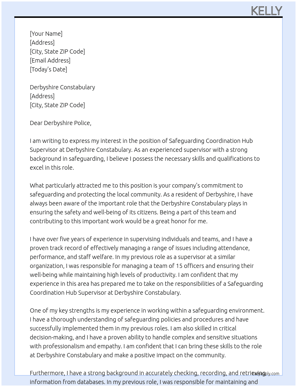 Derbyshire Constabulary’s Safeguarding Coordination Hub Supervisor At Derbyshire Constabulary Cover Letter