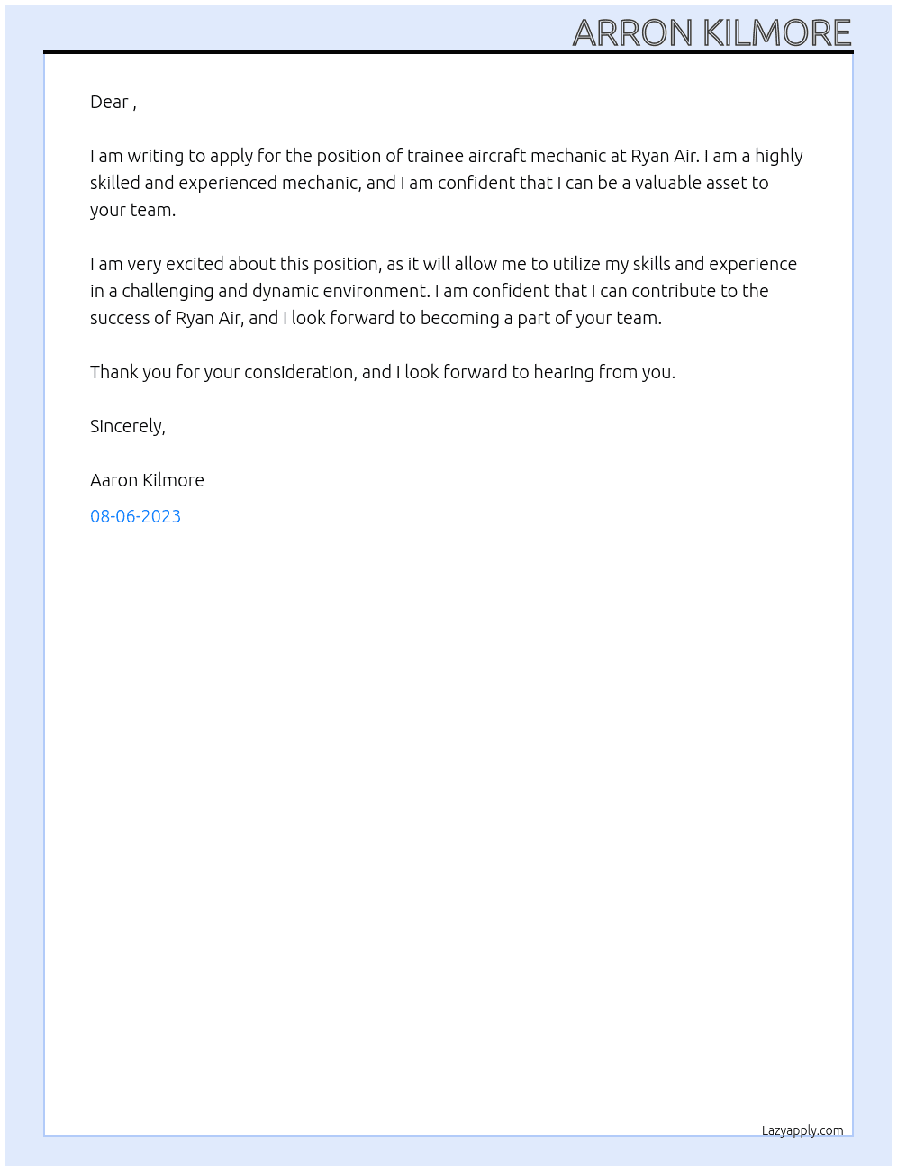 trainee aircraft mechanic At ryan air Cover Letter