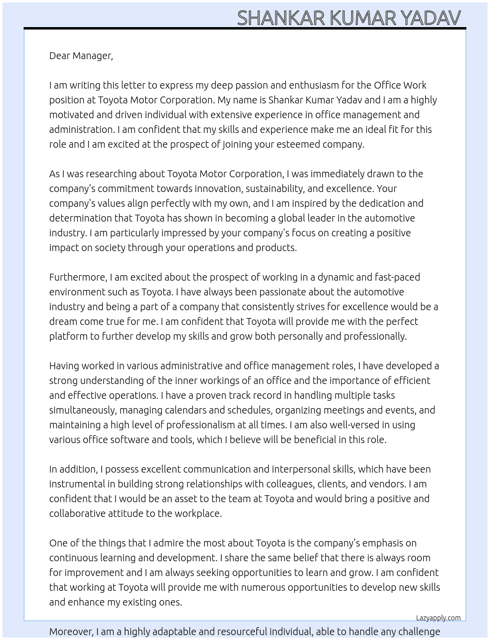 Office work  At Toyota motor corporation  Cover Letter