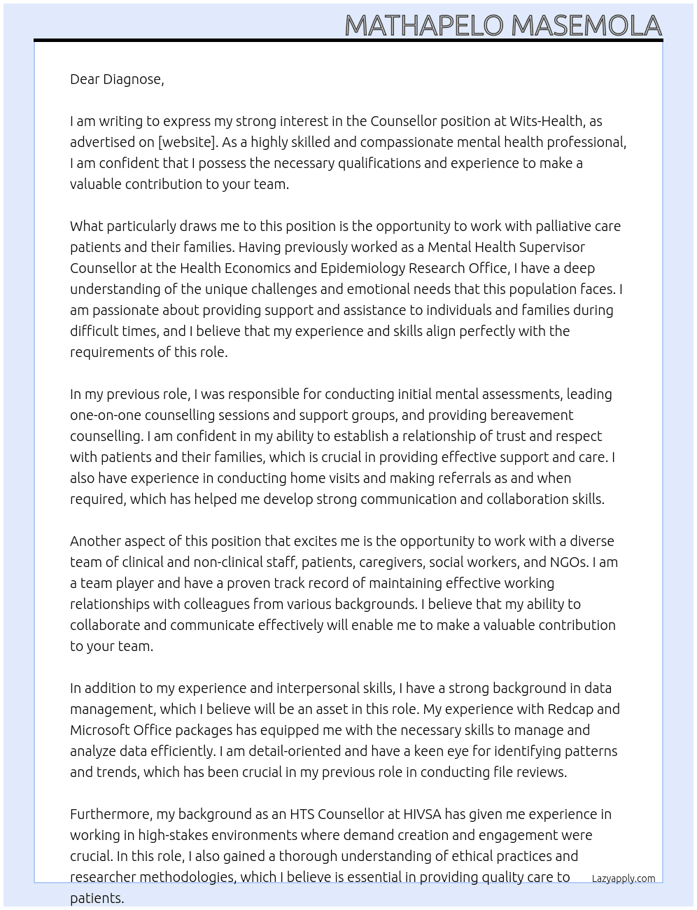 Counsellor At Wits-Health  Cover Letter