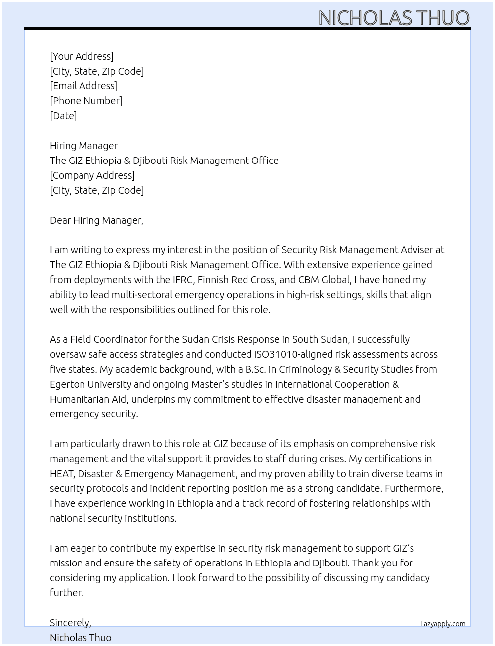Cover letter for security risk management adviser - LazyApply