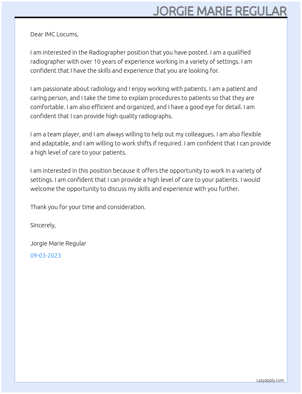 Radiographer At IMC Locums Cover Letter