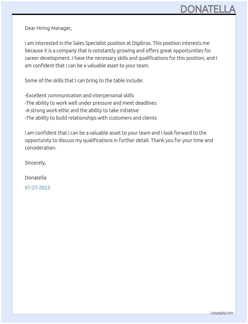 Sales specialist  At Digibros Cover Letter
