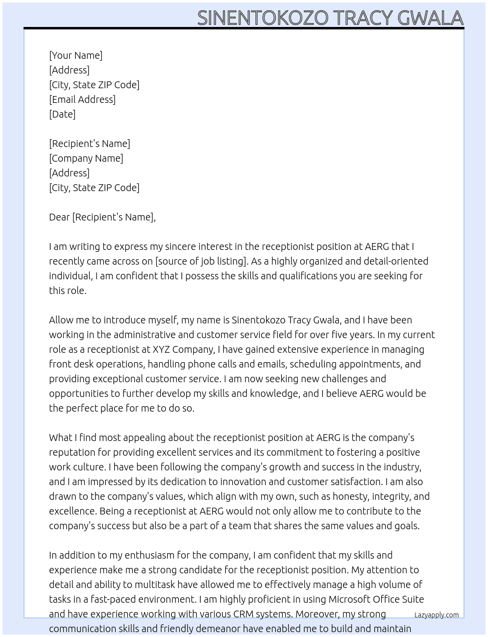 Receptionist At aerg Cover Letter