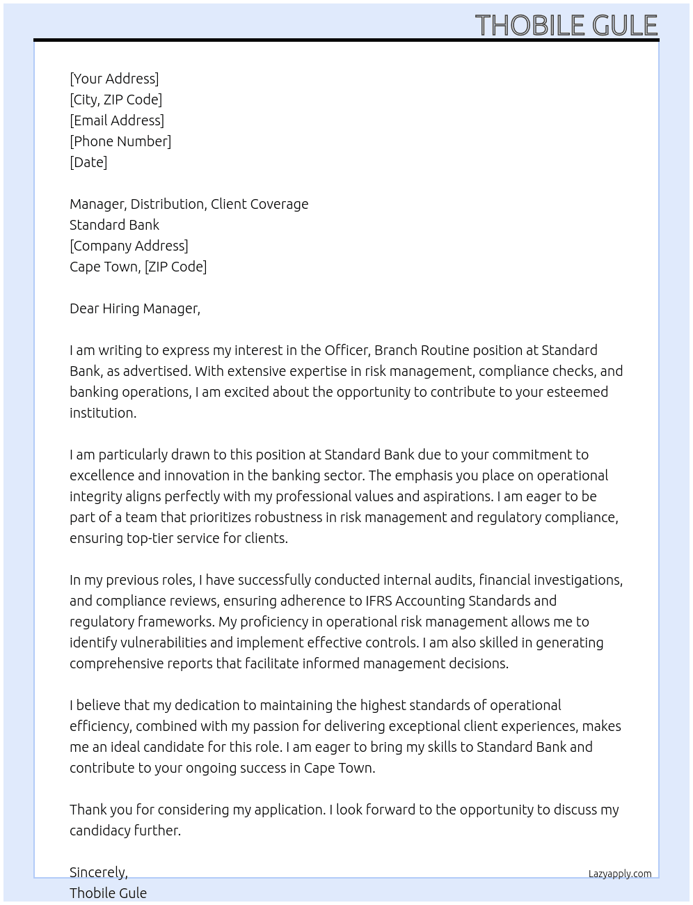 Officer, Branch Routine At Standard Bank Cover Letter