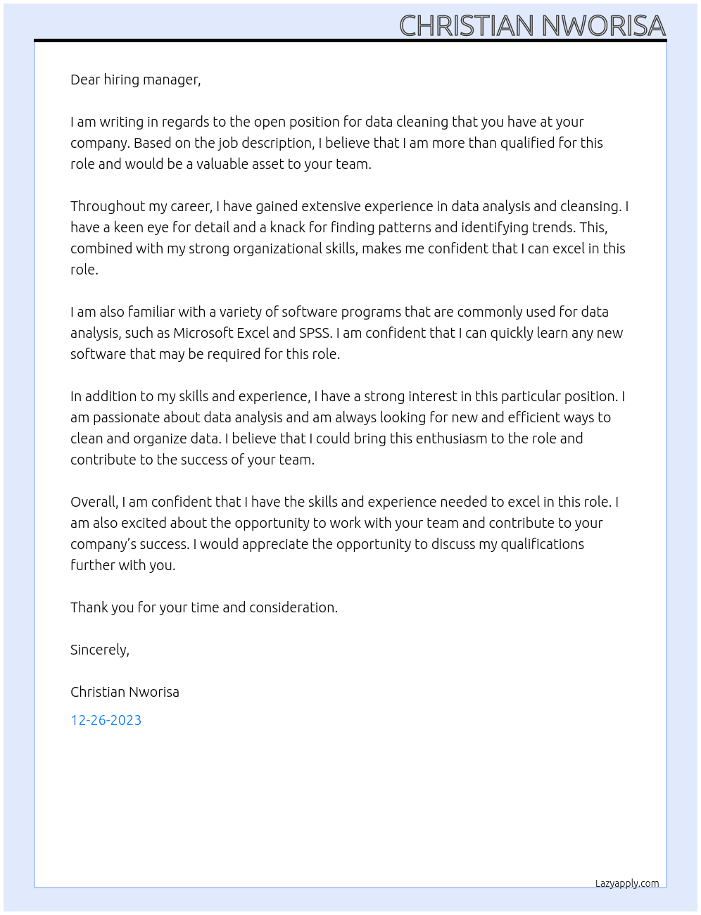 data cleaning At Data analyst  Cover Letter