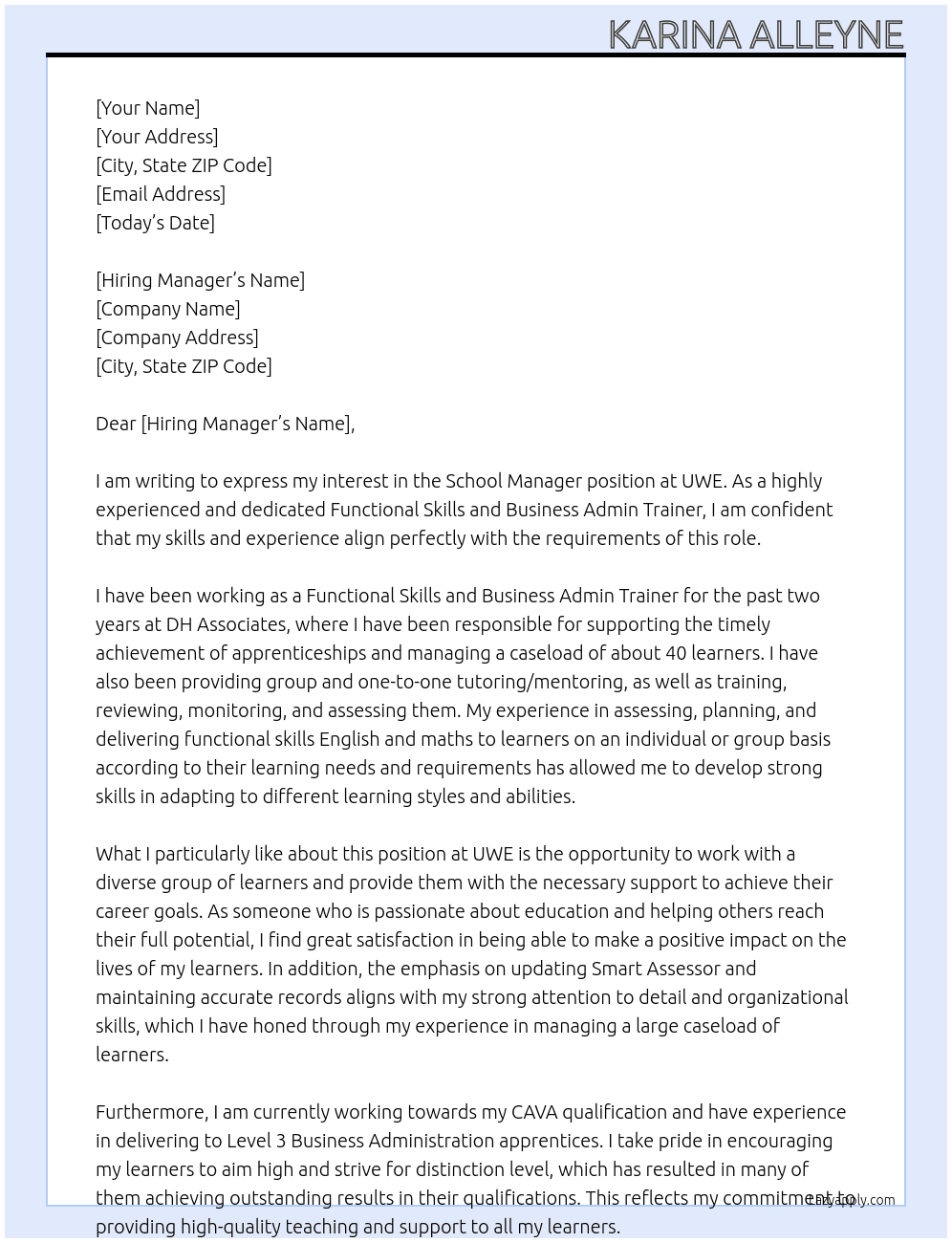 school manager At UWE Cover Letter