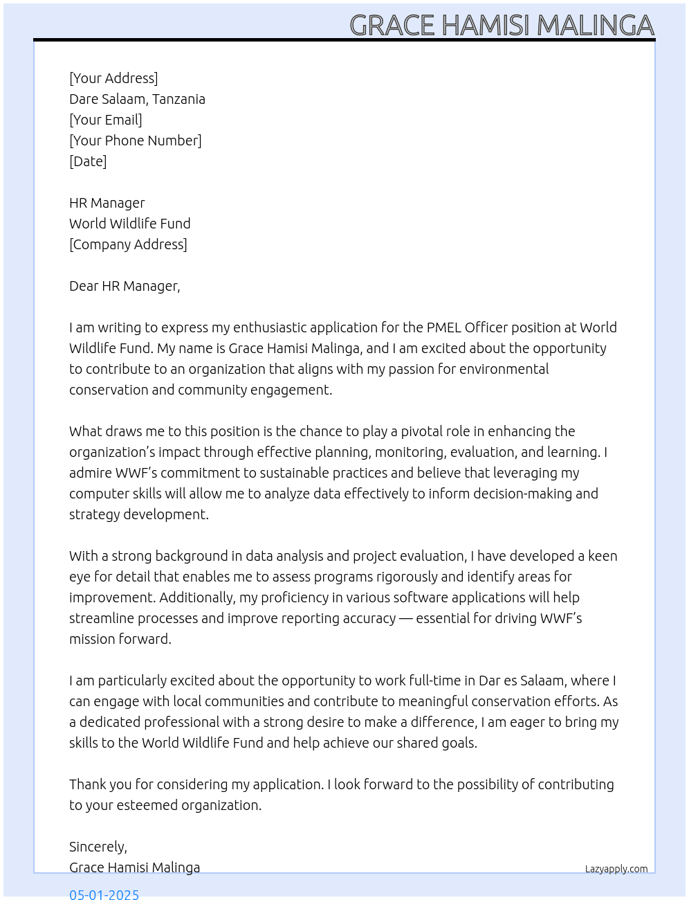 PMEL officer At Word wildlife fund Cover Letter