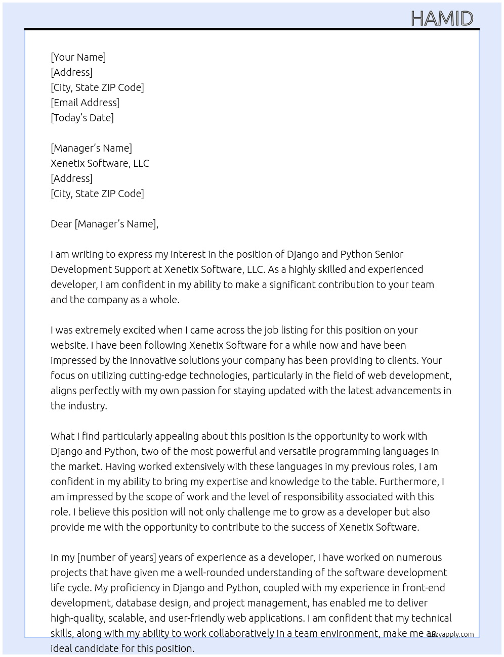 Cover letter for django and python senior development support - LazyApply