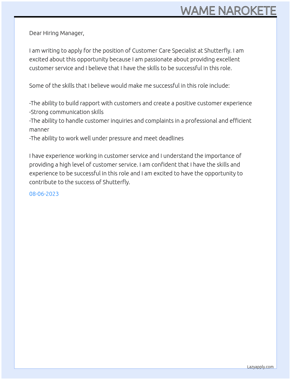 Customer care specialist  At Shutterfly Cover Letter