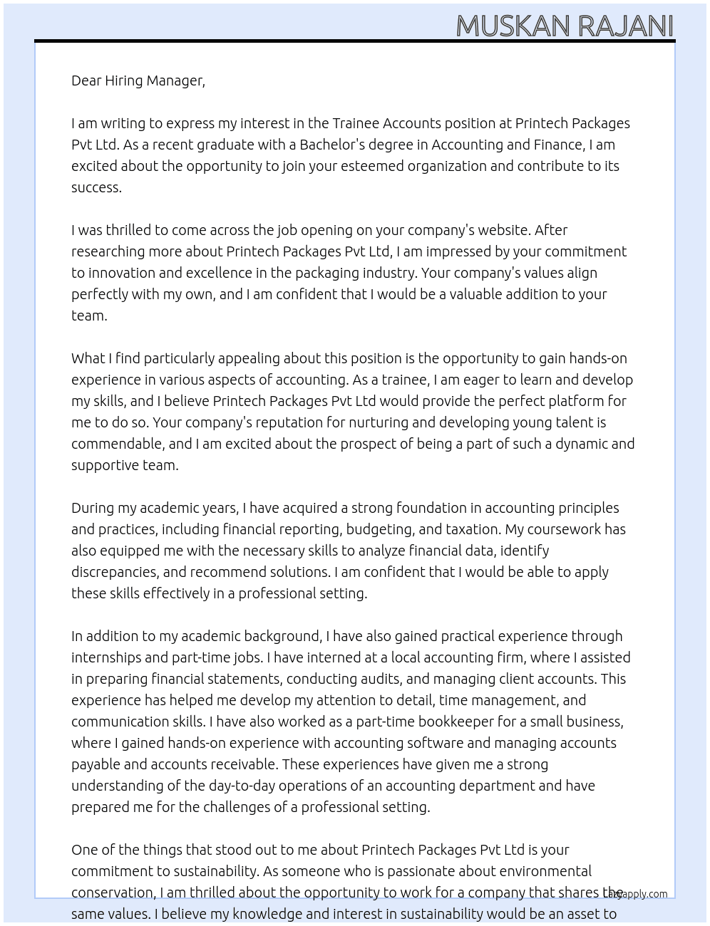 trainee accounts At printech packages pvt ltd Cover Letter