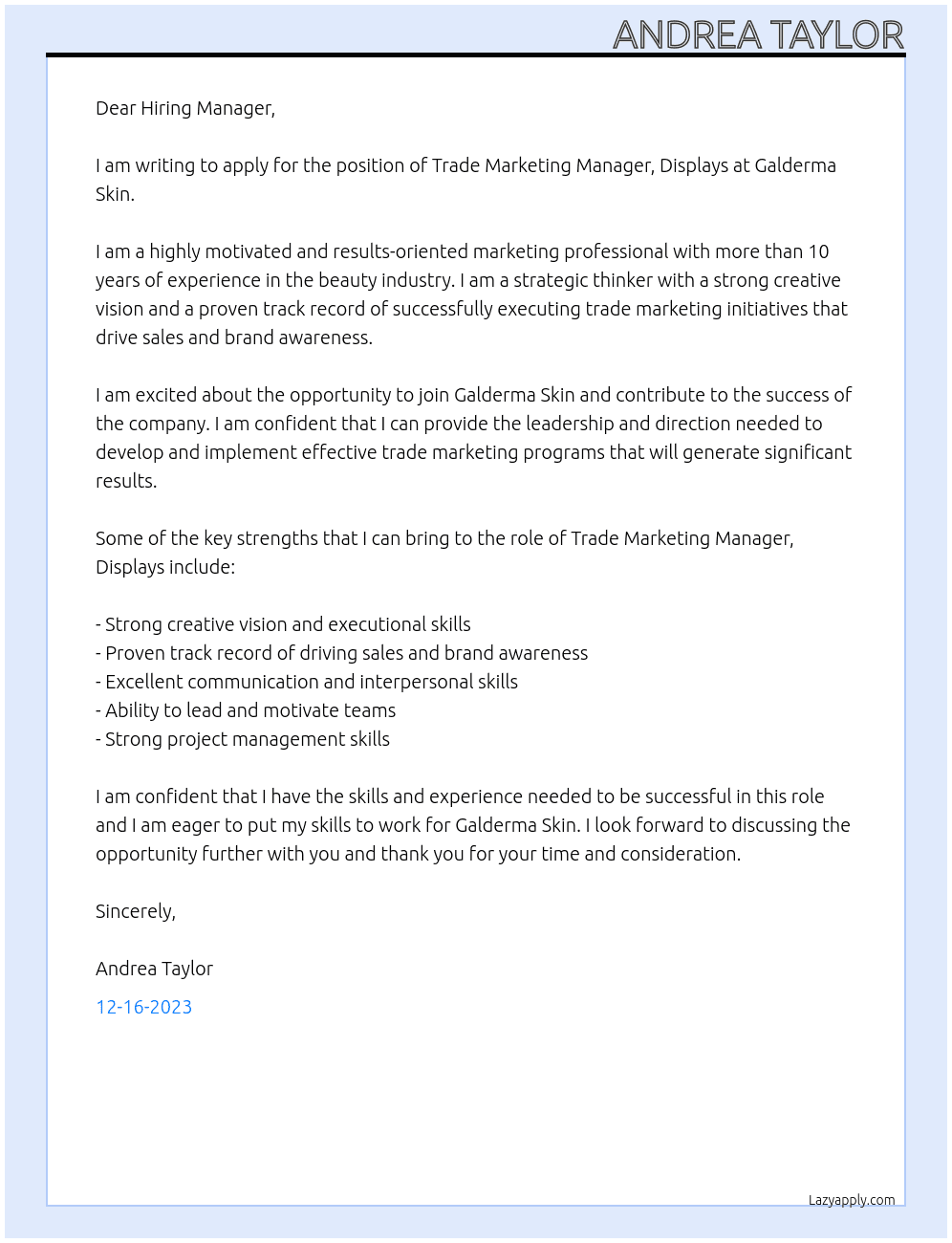 Trade Marketing Manager, Displays At Galderma Skin Cover Letter