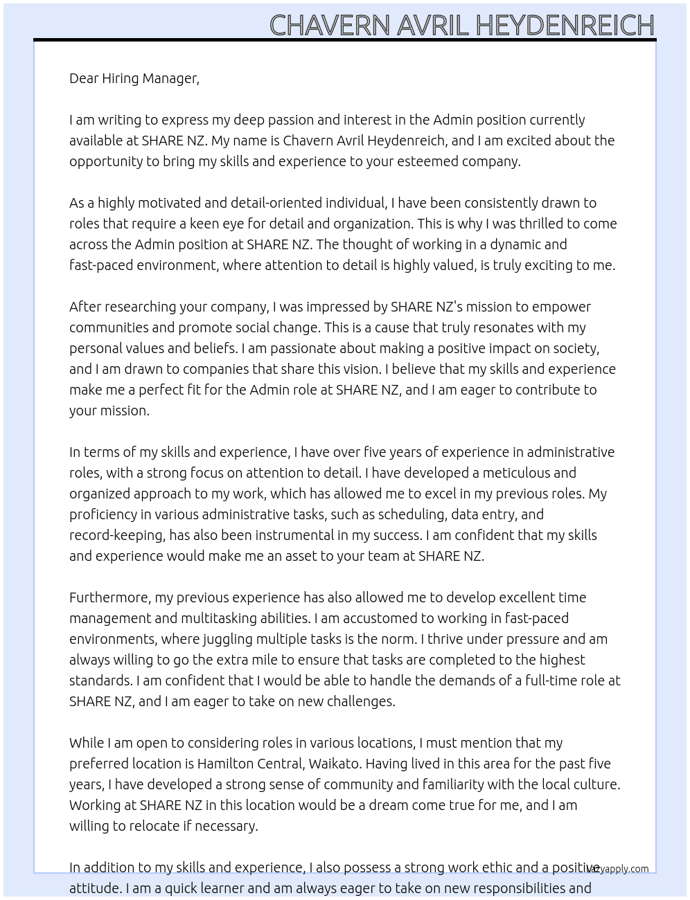 Admin  At SHARE NZ Cover Letter