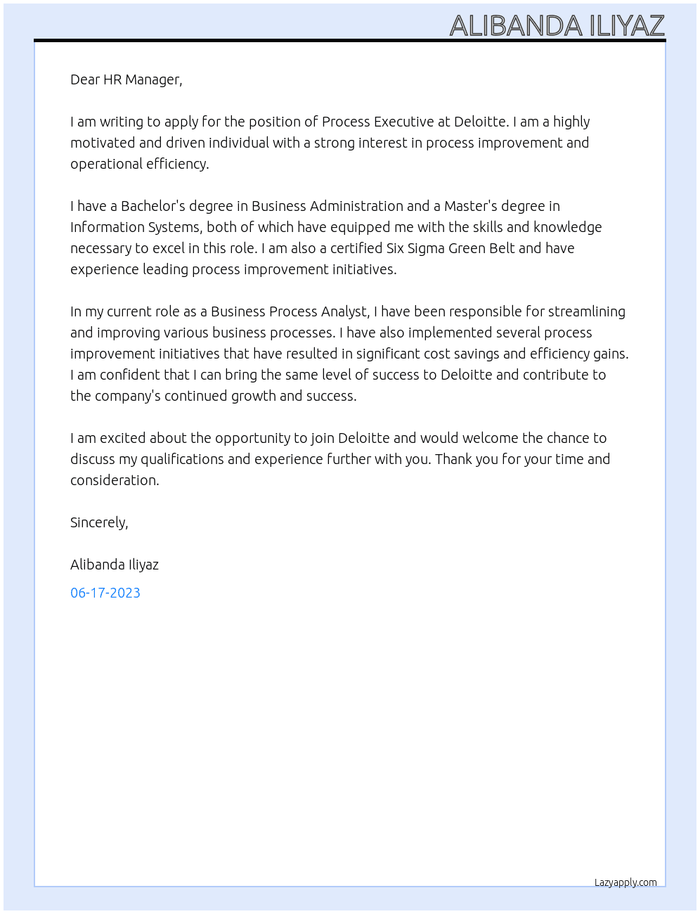 Process Executive At Deloitte Cover Letter